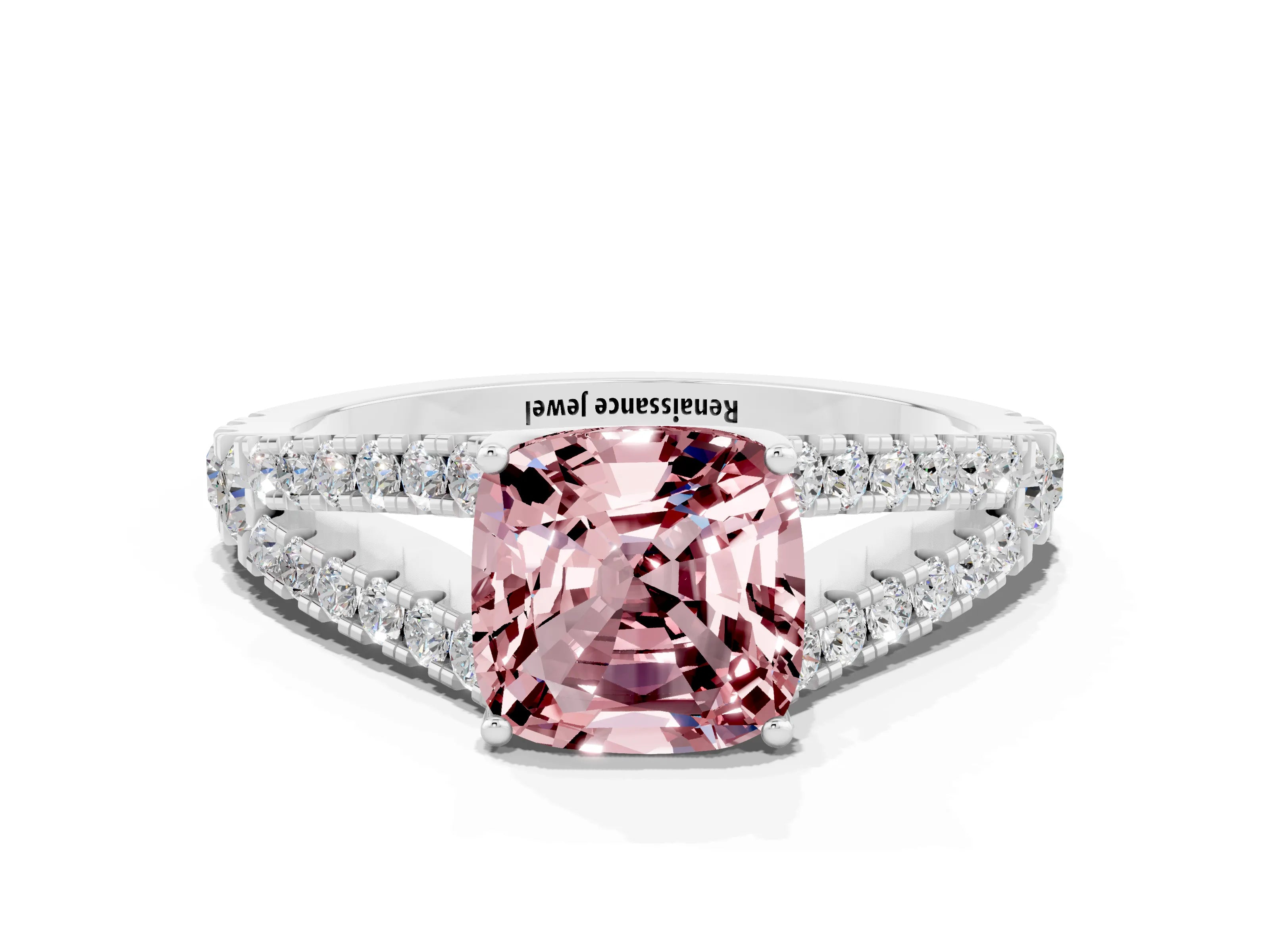 White gold Cushion Cut Morganite Split Shank Pavé Engagement Ring with Four-Prong Setting_12