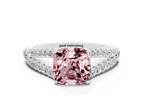 White gold Cushion Cut Morganite Split Shank Pavé Engagement Ring with Four-Prong Setting_12