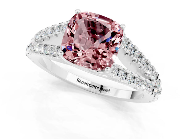 White gold Cushion Cut Morganite Split Shank Pavé Engagement Ring with Four-Prong Setting