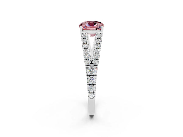 Platinum Cushion Cut Morganite Split Shank Pavé Engagement Ring with Four-Prong Setting