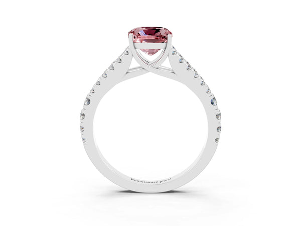 Silver Cushion Cut Morganite Split Shank Pavé Engagement Ring with Four-Prong Setting