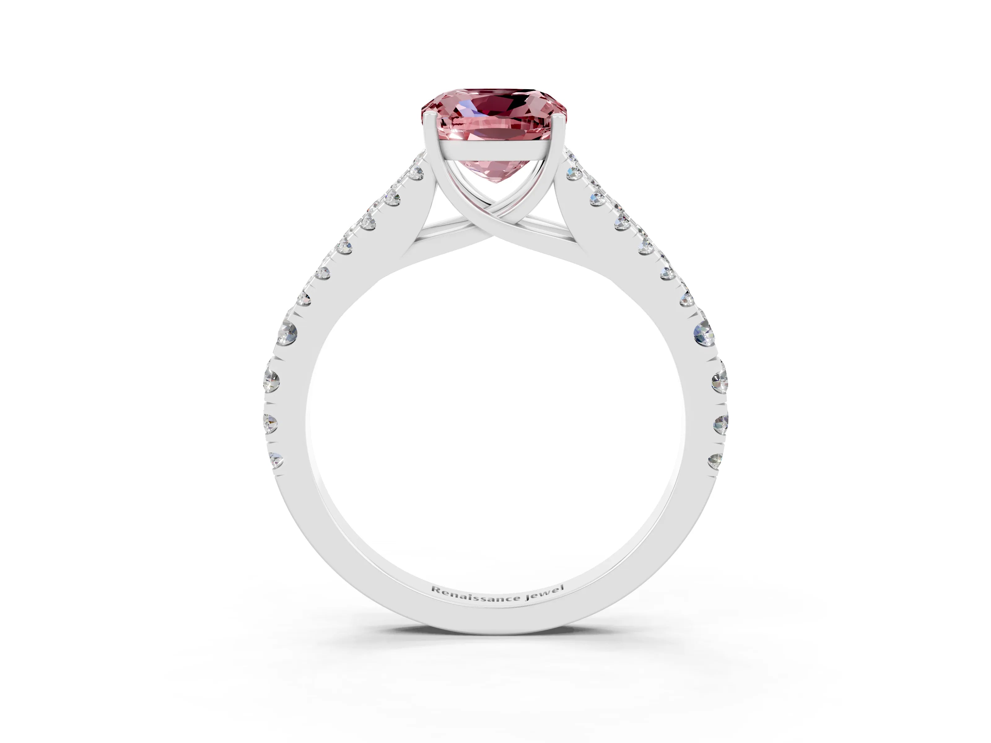 White gold Cushion Cut Morganite Split Shank Pavé Engagement Ring with Four-Prong Setting_15