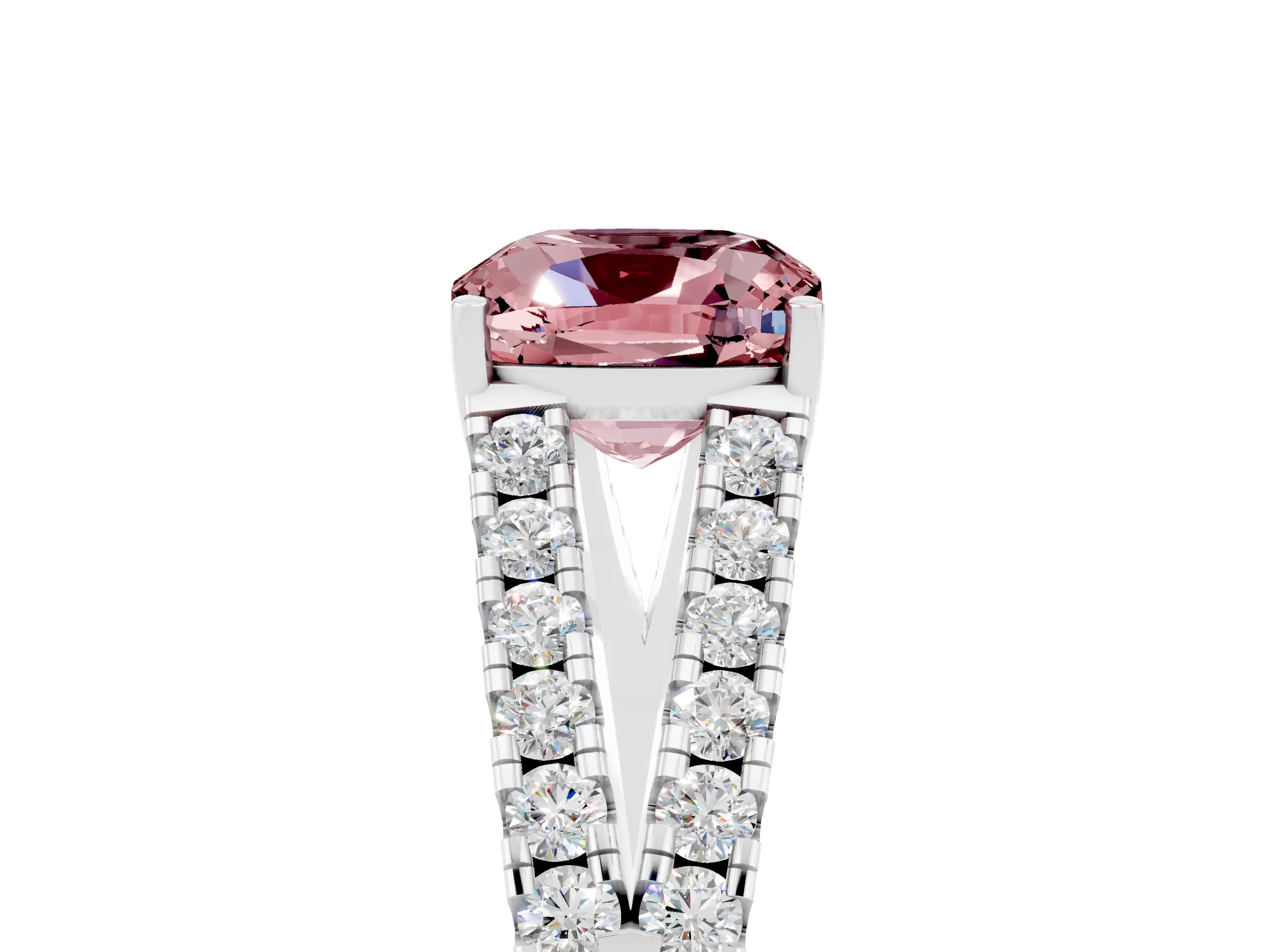 White gold Cushion Cut Morganite Split Shank Pavé Engagement Ring with Four-Prong Setting_17