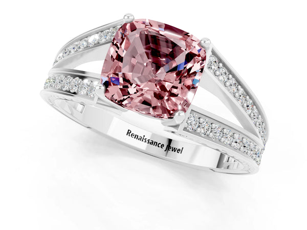 Platinum Cushion Cut Morganite Split Shank Ring with Pavé Band and Four-Prong Setting