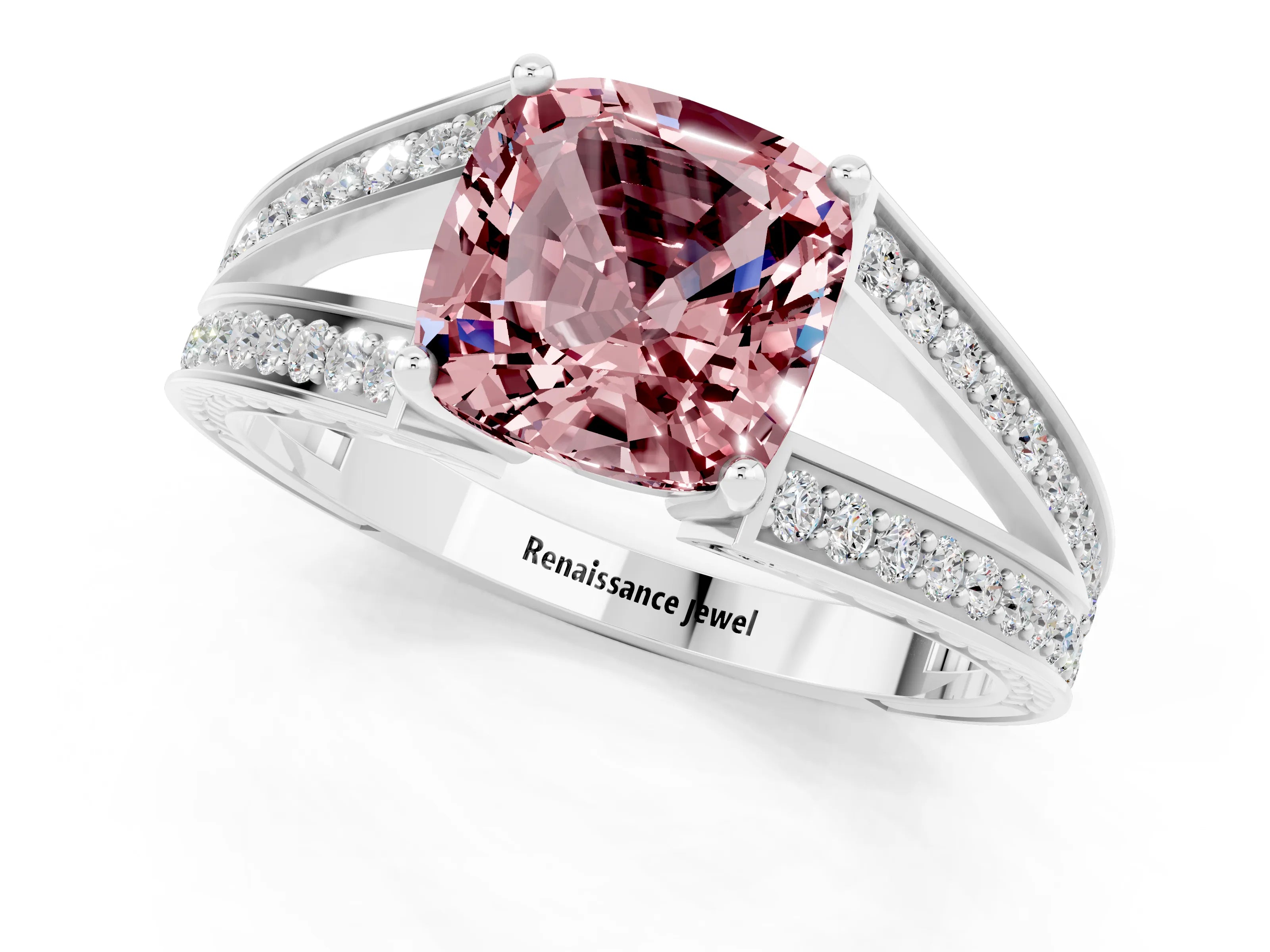 White gold Cushion Cut Morganite Split Shank Ring with Pavé Band and Four-Prong Setting_1