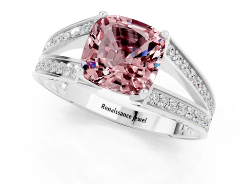 White gold Cushion Cut Morganite Split Shank Ring with Pavé Band and Four-Prong Setting_1