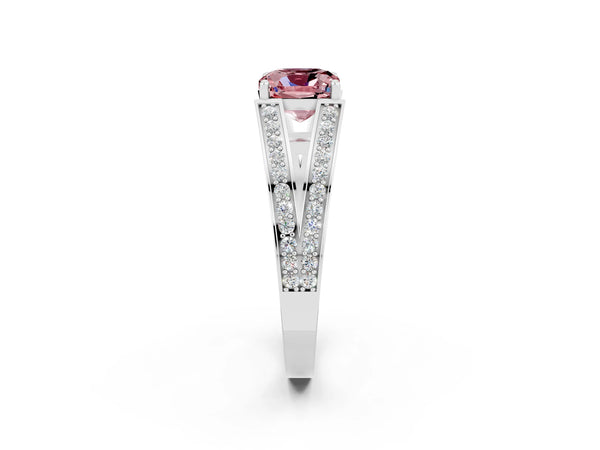 Silver Cushion Cut Morganite Split Shank Ring with Pavé Band and Four-Prong Setting