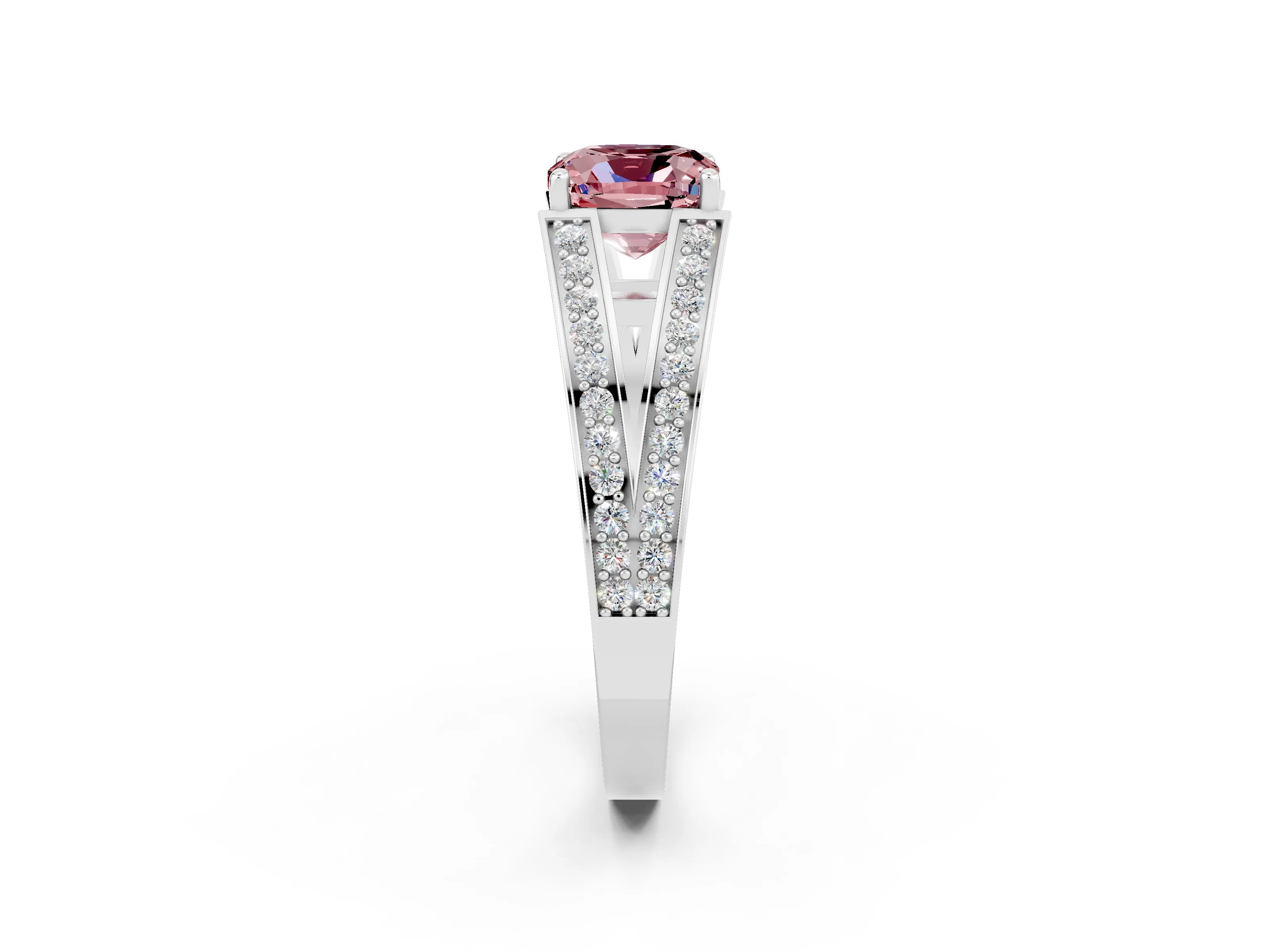White gold Cushion Cut Morganite Split Shank Ring with Pavé Band and Four-Prong Setting_2