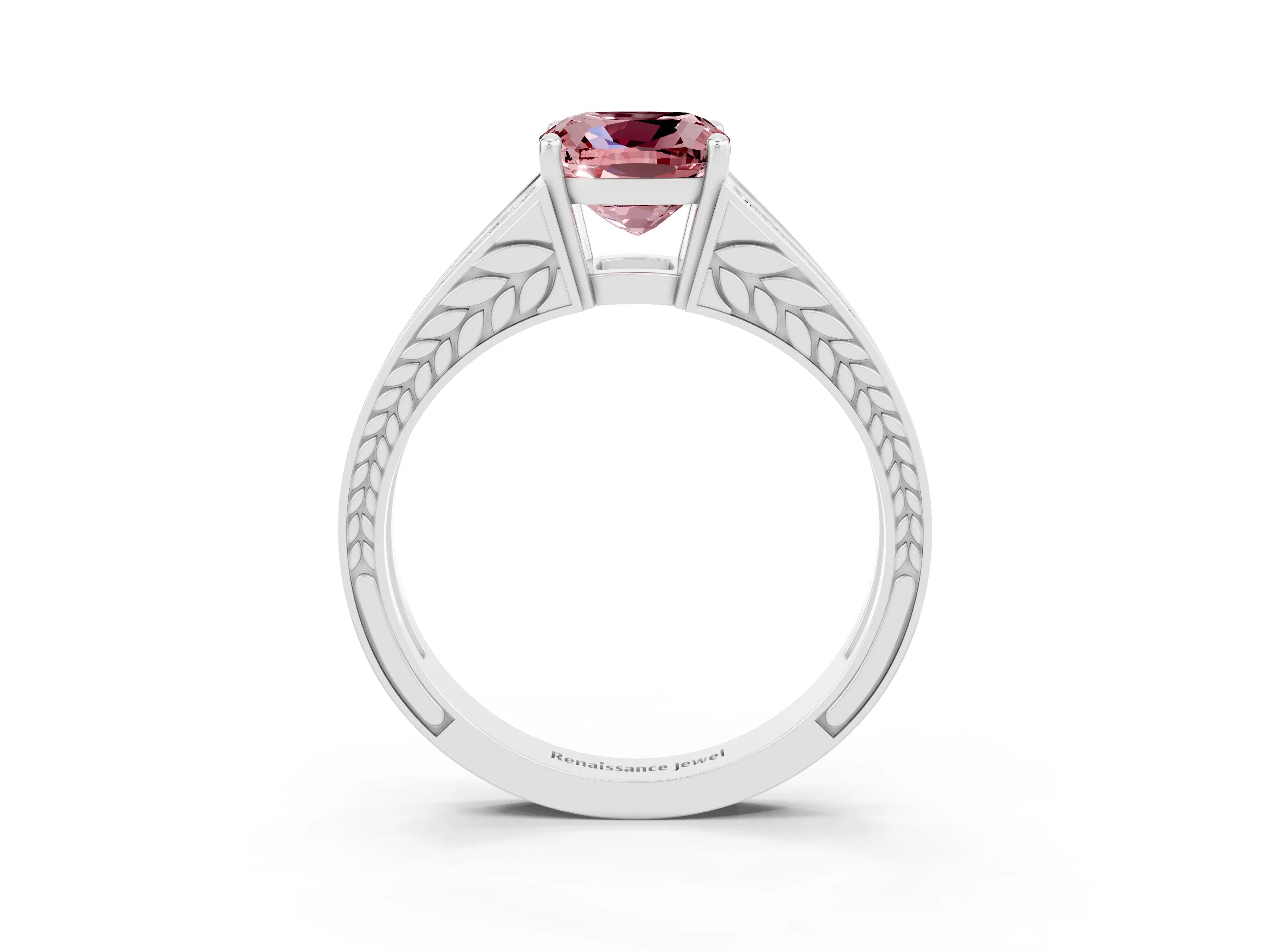 White gold Cushion Cut Morganite Split Shank Ring with Pavé Band and Four-Prong Setting_3