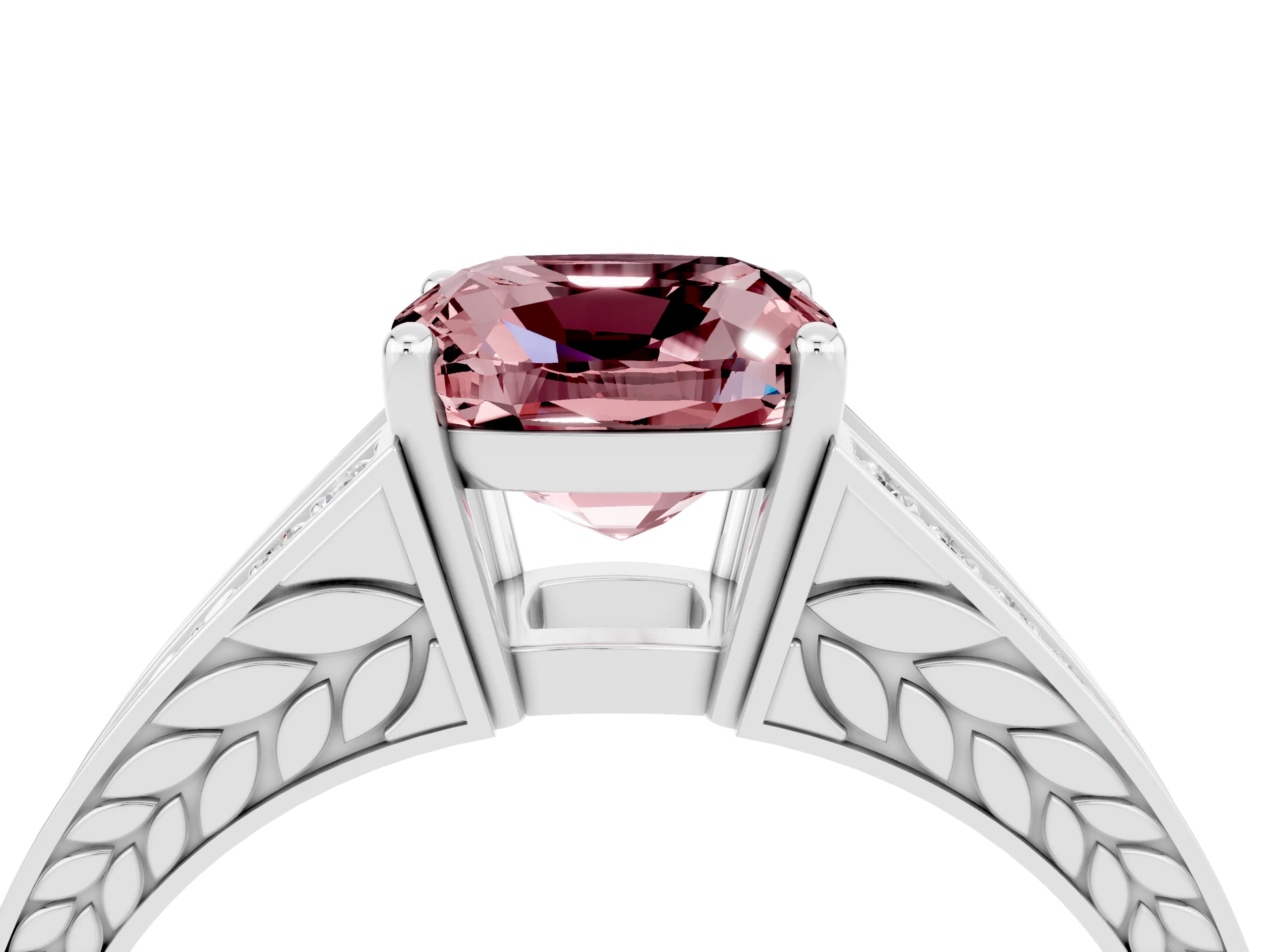 White gold Cushion Cut Morganite Split Shank Ring with Pavé Band and Four-Prong Setting_4