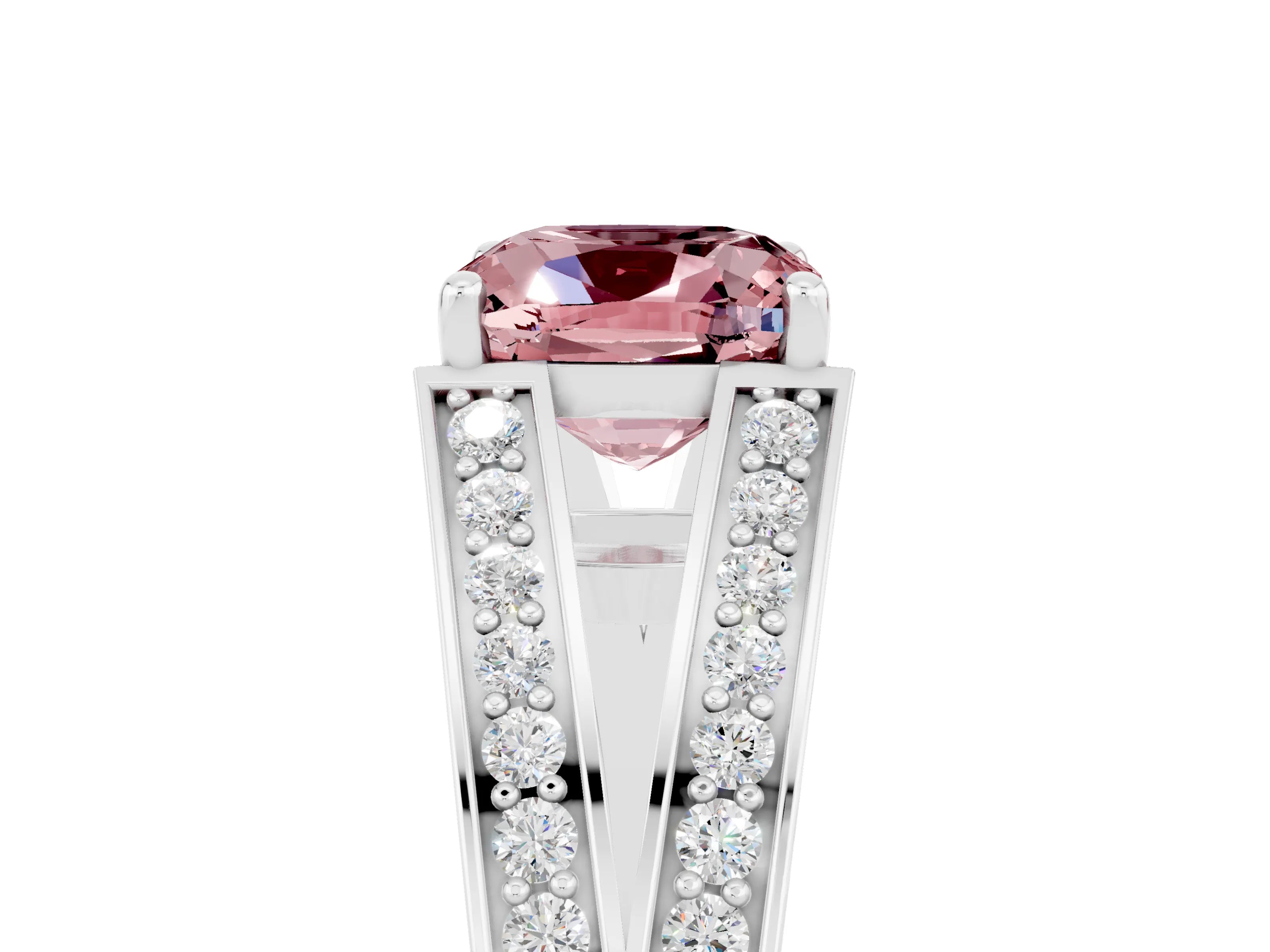 White gold Cushion Cut Morganite Split Shank Ring with Pavé Band and Four-Prong Setting_5