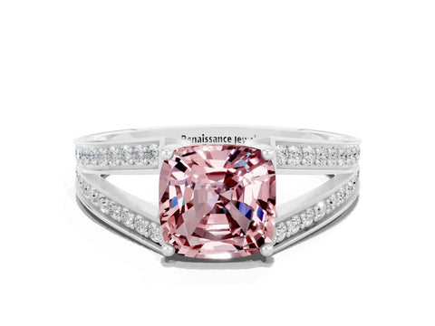 White gold Cushion Cut Morganite Split Shank Ring with Pavé Band and Four-Prong Setting