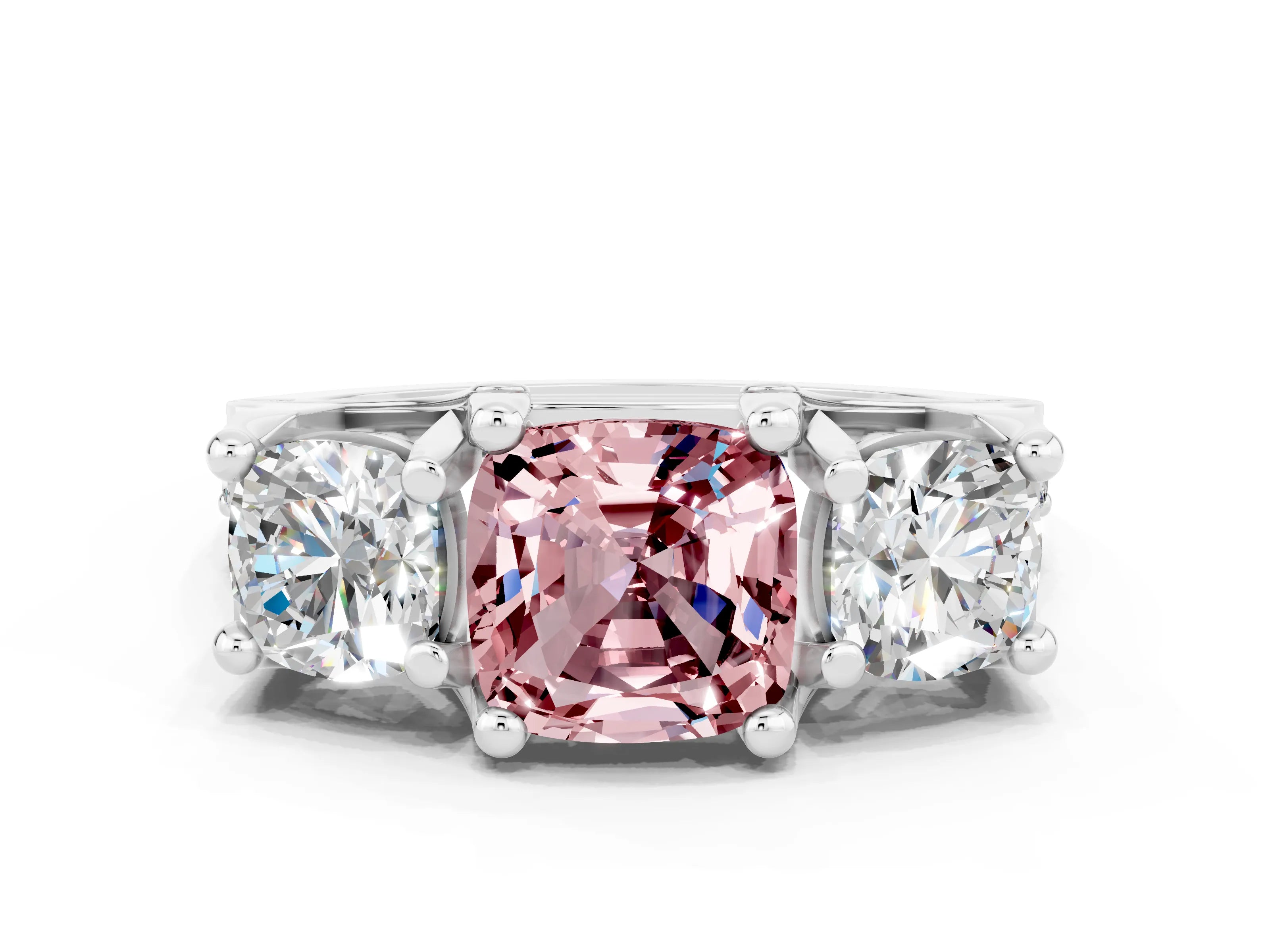 White gold Cushion Cut Morganite Three-Stone Ring with Channel Set Band and Four-Prong Setting