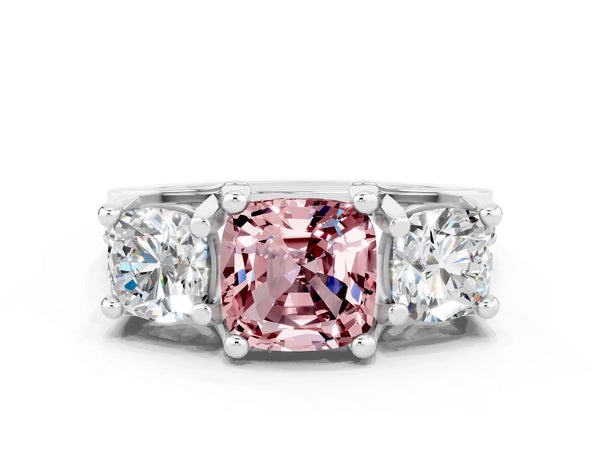 Platinum Cushion Cut Morganite Three-Stone Ring with Channel Set Band and Four-Prong Setting
