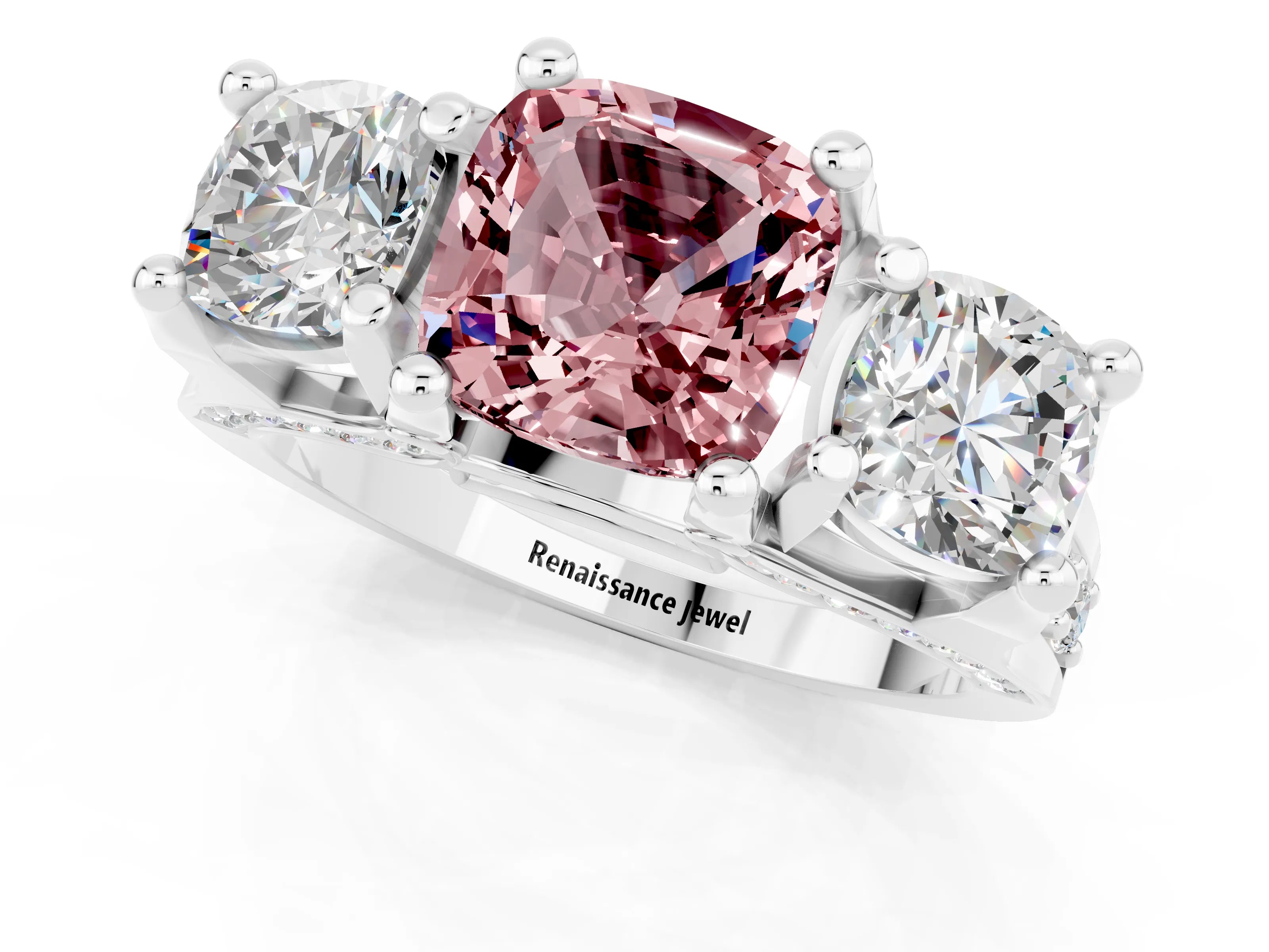 White gold Cushion Cut Morganite Three-Stone Ring with Channel Set Band and Four-Prong Setting_1
