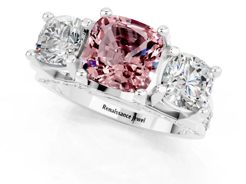 White gold Cushion Cut Morganite Three-Stone Ring with Channel Set Band and Four-Prong Setting_1