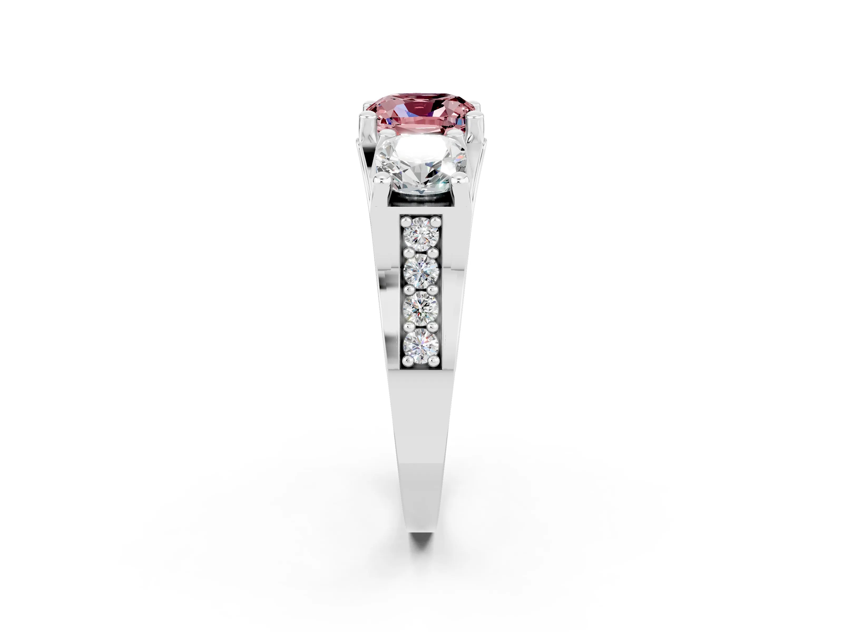 White gold Cushion Cut Morganite Three-Stone Ring with Channel Set Band and Four-Prong Setting_2