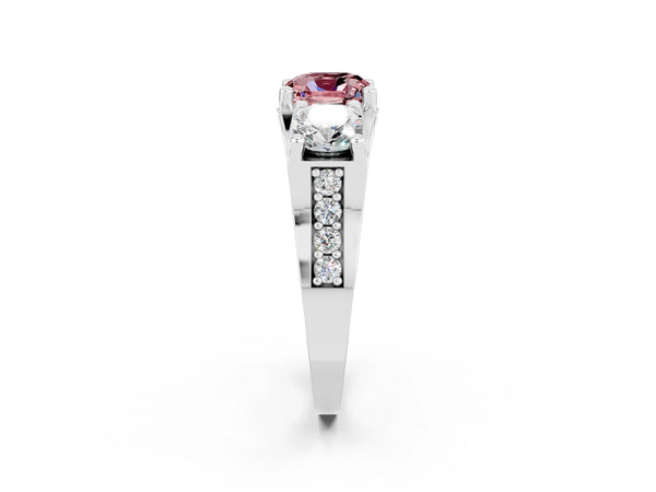 Silver Cushion Cut Morganite Three-Stone Ring with Channel Set Band and Four-Prong Setting