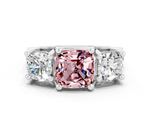 White gold Cushion Cut Morganite Three-Stone Ring with Channel Set Band and Four-Prong Setting