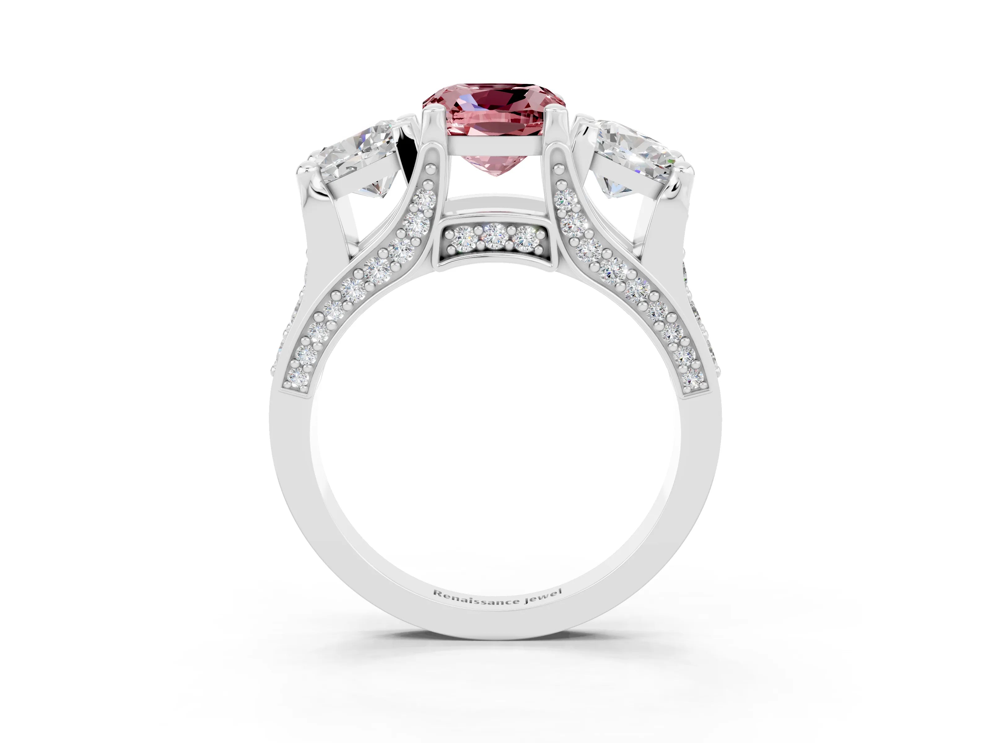 White gold Cushion Cut Morganite Three-Stone Ring with Channel Set Band and Four-Prong Setting_3