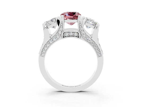 Silver Cushion Cut Morganite Three-Stone Ring with Channel Set Band and Four-Prong Setting