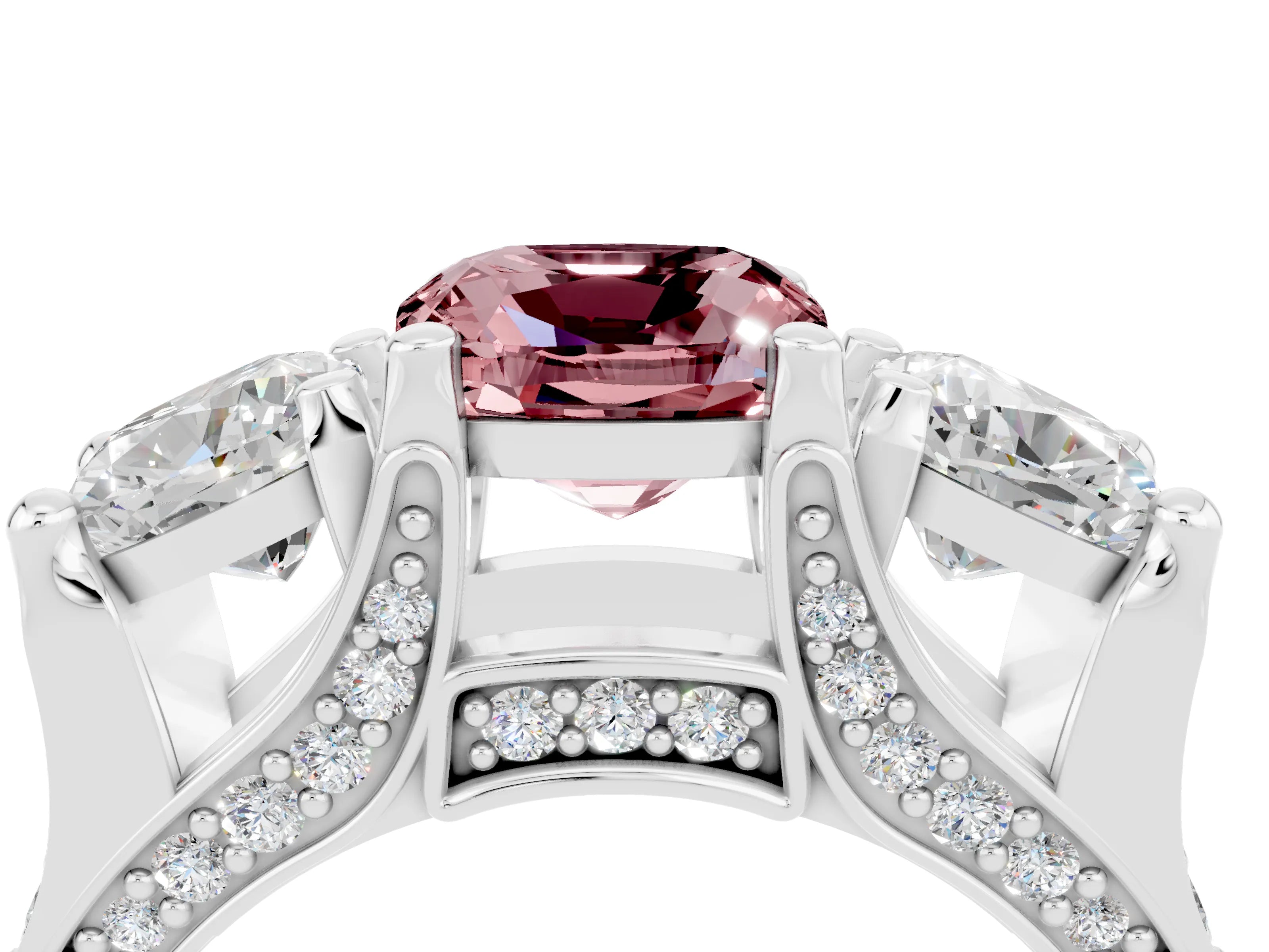 White gold Cushion Cut Morganite Three-Stone Ring with Channel Set Band and Four-Prong Setting_4