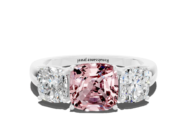 White gold Cushion Cut Morganite Three-Stone Ring with Four-Prong Setting and Classic Band
