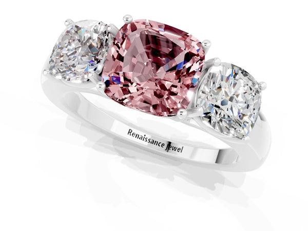 Silver Cushion Cut Morganite Three-Stone Ring with Four-Prong Setting and Classic Band