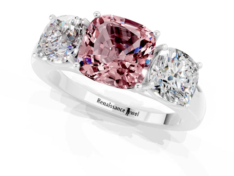 White gold Cushion Cut Morganite Three-Stone Ring with Four-Prong Setting and Classic Band_1