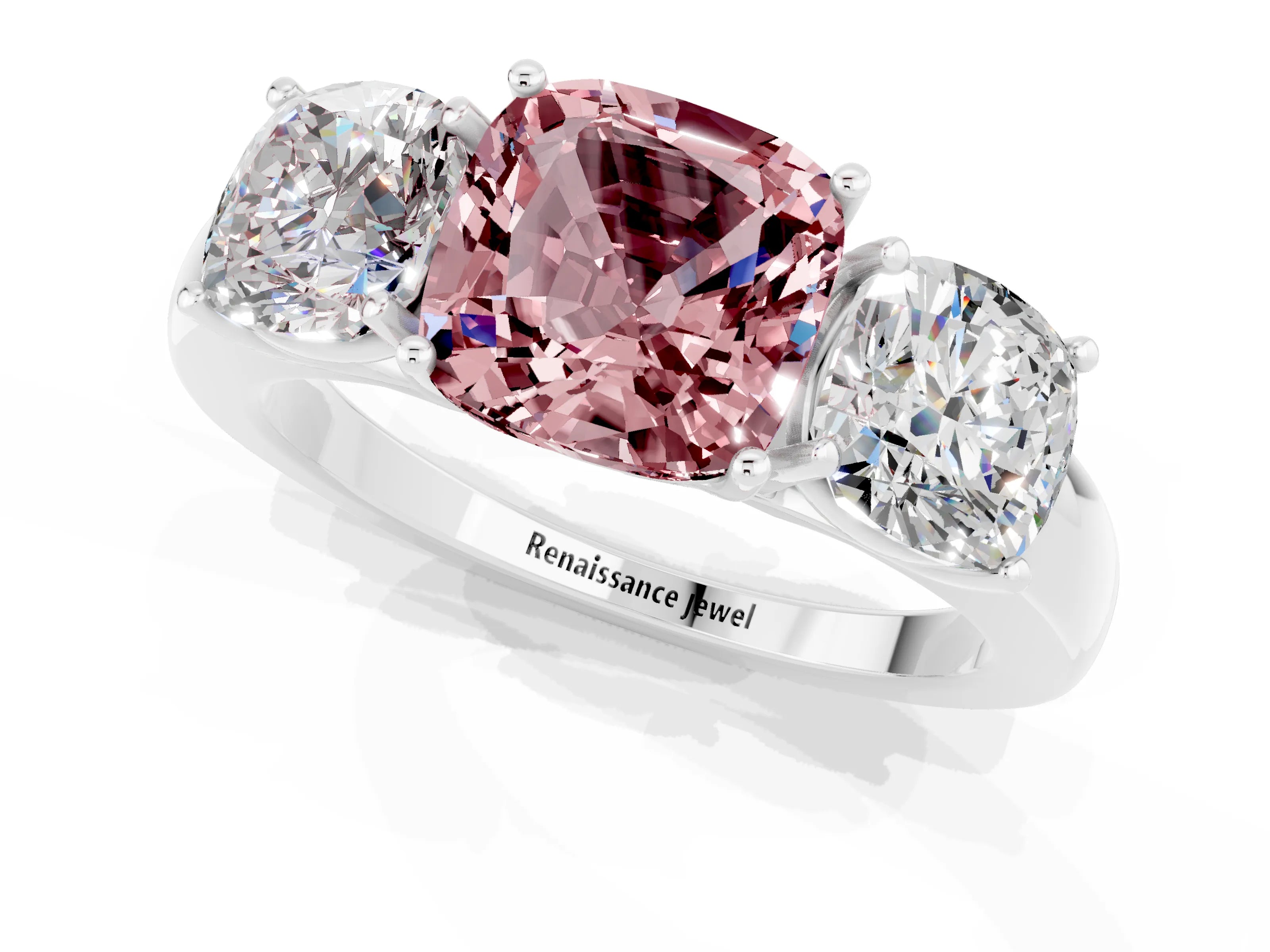 White gold Cushion Cut Morganite Three-Stone Ring with Four-Prong Setting and Classic Band_1