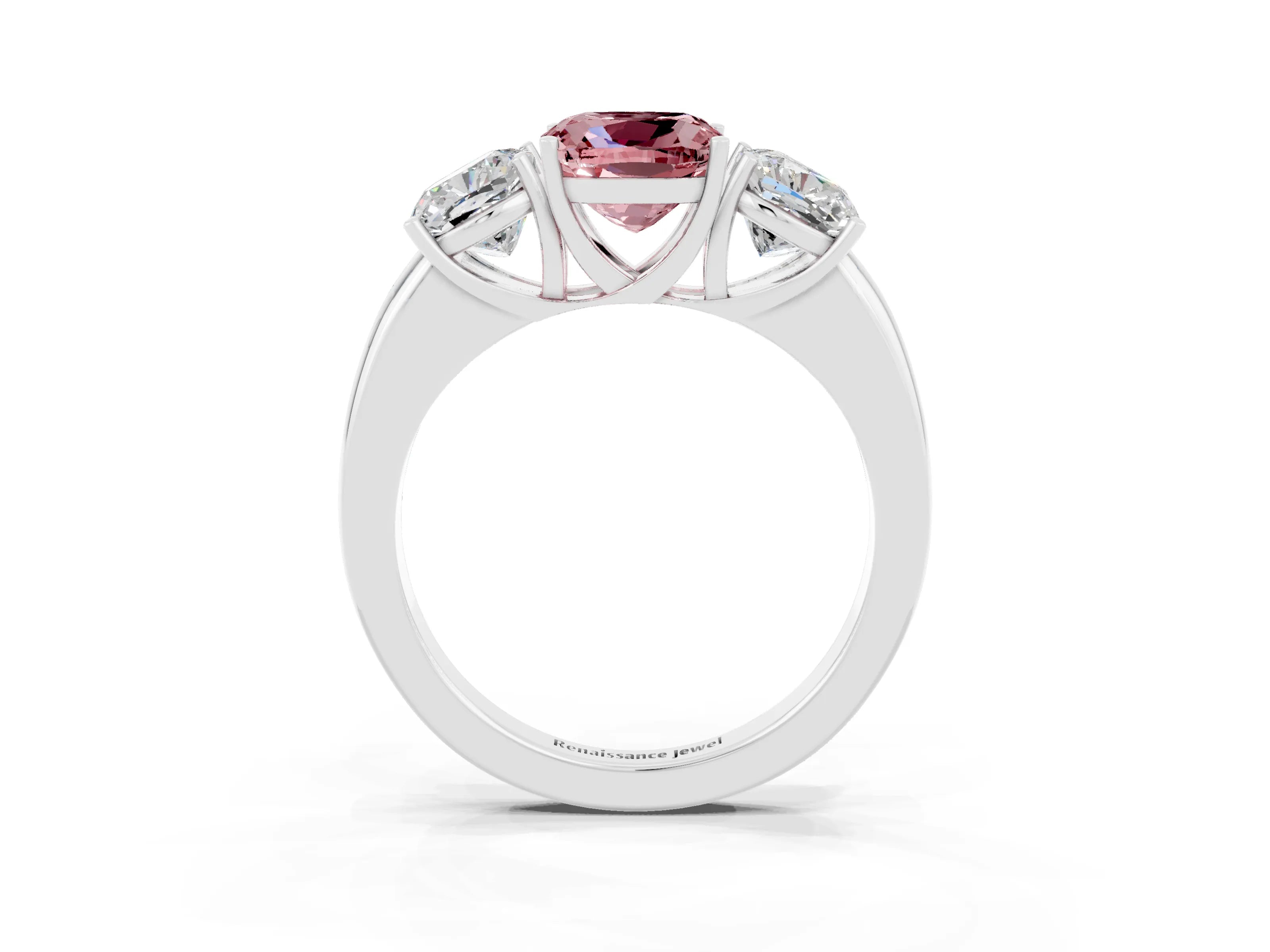 White gold Cushion Cut Morganite Three-Stone Ring with Four-Prong Setting and Classic Band_3