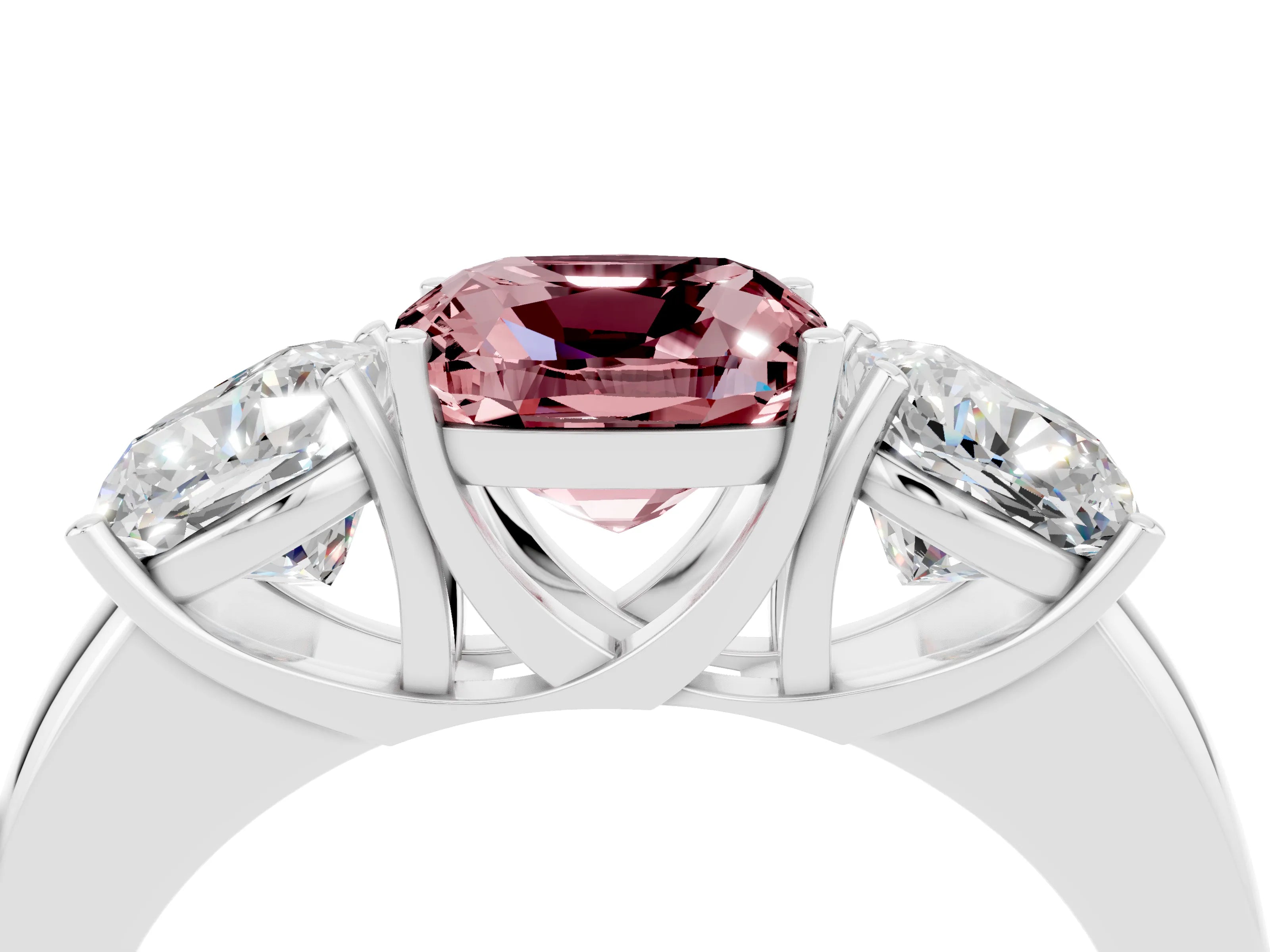 White gold Cushion Cut Morganite Three-Stone Ring with Four-Prong Setting and Classic Band_4