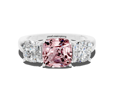 White gold Cushion Cut Morganite Three-Stone Ring with Four-Prong Setting and Classic Band