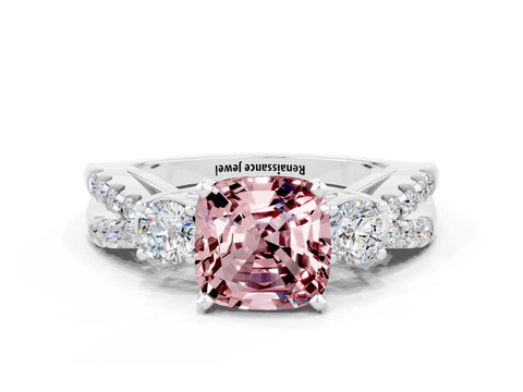 White gold Cushion Cut Morganite Three-Stone Ring with Pavé Split Shank and Four-Prong Setting_12