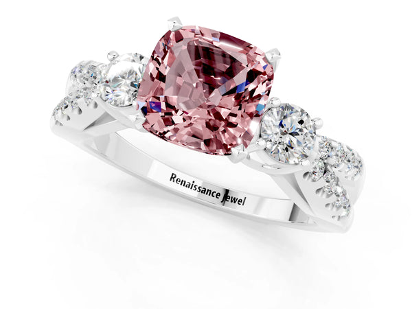 Platinum Cushion Cut Morganite Three-Stone Ring with Pavé Split Shank and Four-Prong Setting