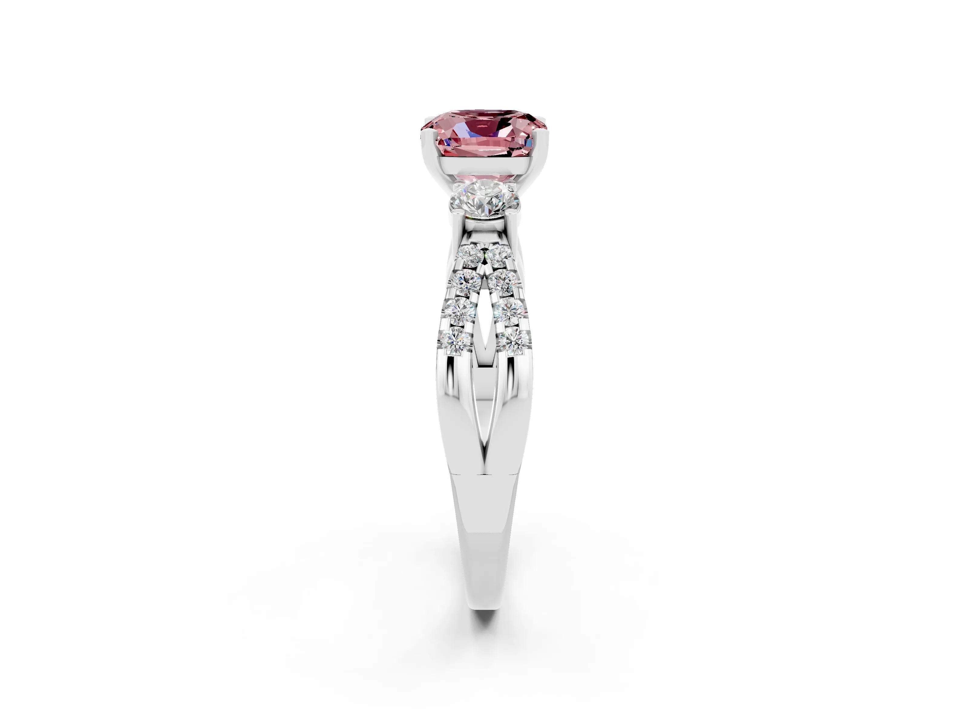 White gold Cushion Cut Morganite Three-Stone Ring with Pavé Split Shank and Four-Prong Setting_14