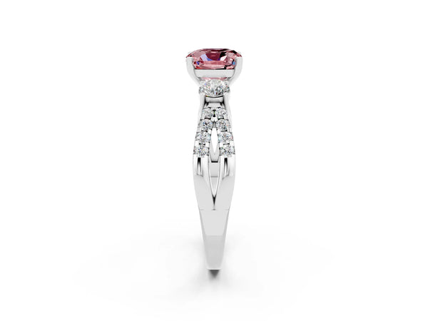 Silver Cushion Cut Morganite Three-Stone Ring with Pavé Split Shank and Four-Prong Setting