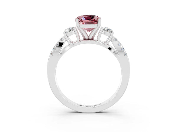 White gold Cushion Cut Morganite Three-Stone Ring with Pavé Split Shank and Four-Prong Setting