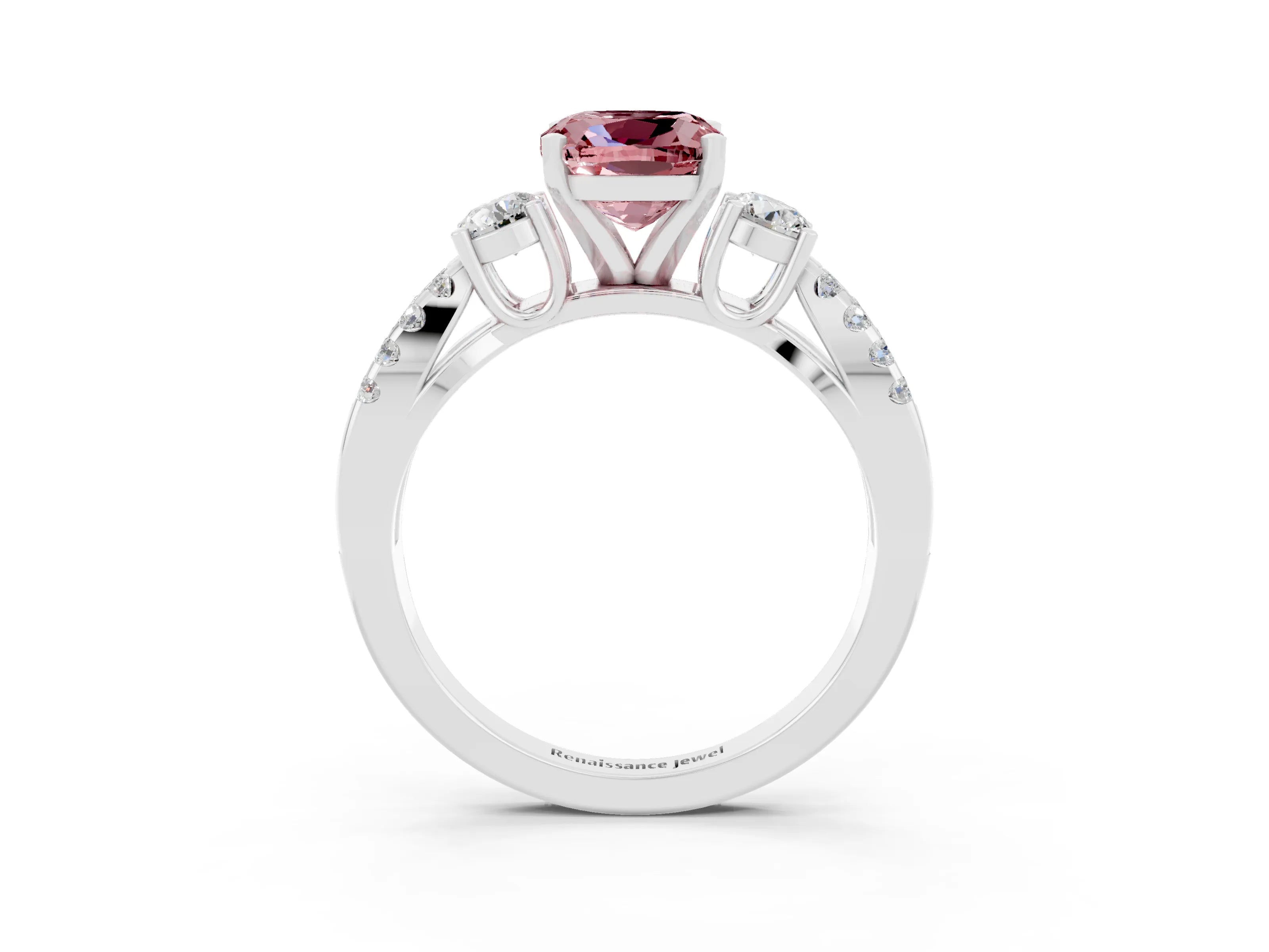 White gold Cushion Cut Morganite Three-Stone Ring with Pavé Split Shank and Four-Prong Setting_15