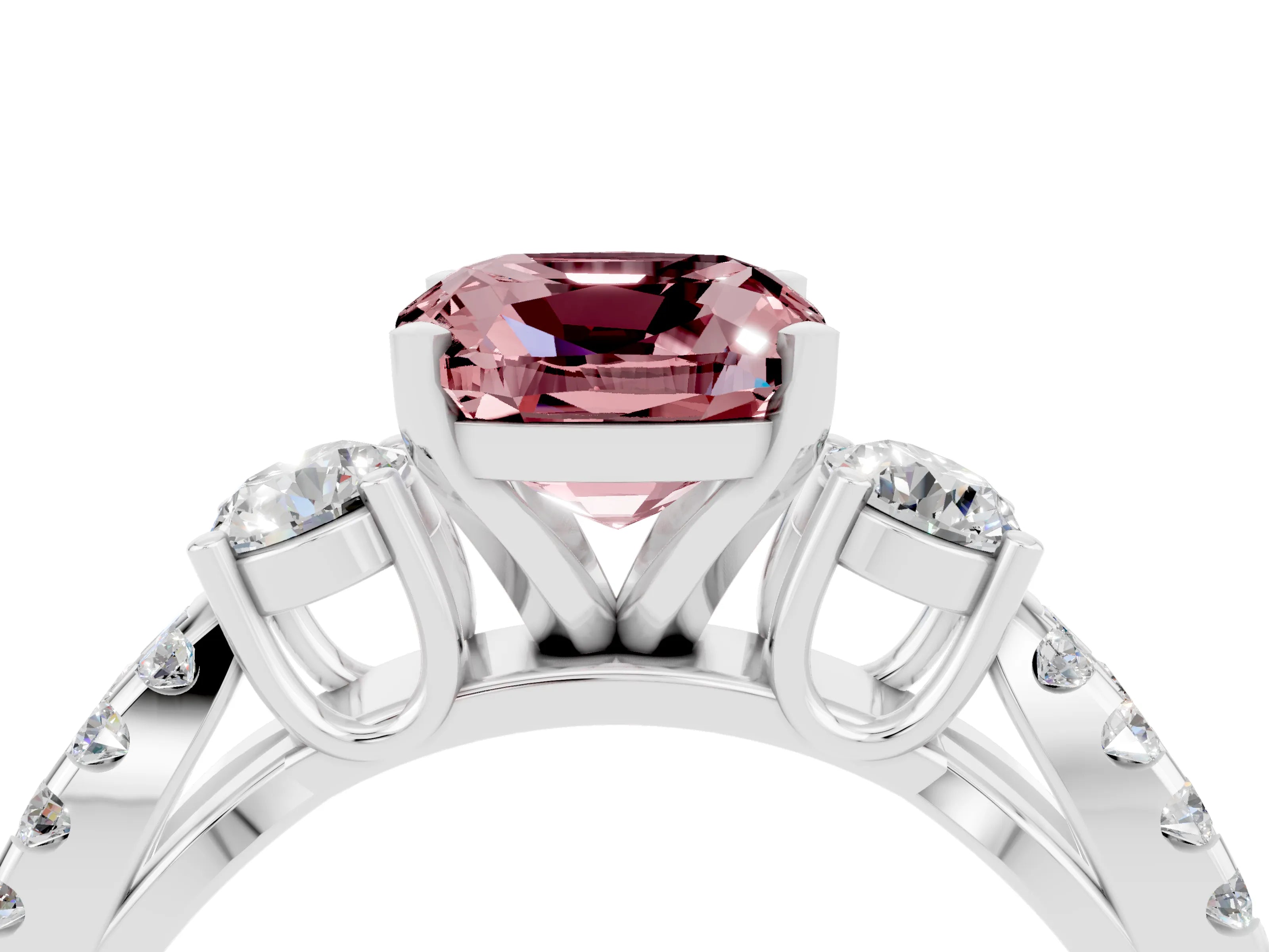 White gold Cushion Cut Morganite Three-Stone Ring with Pavé Split Shank and Four-Prong Setting_16