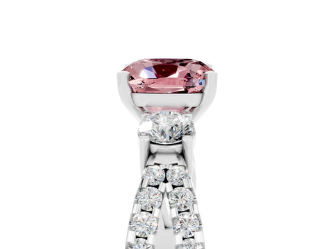 White gold Cushion Cut Morganite Three-Stone Ring with Pavé Split Shank and Four-Prong Setting_17