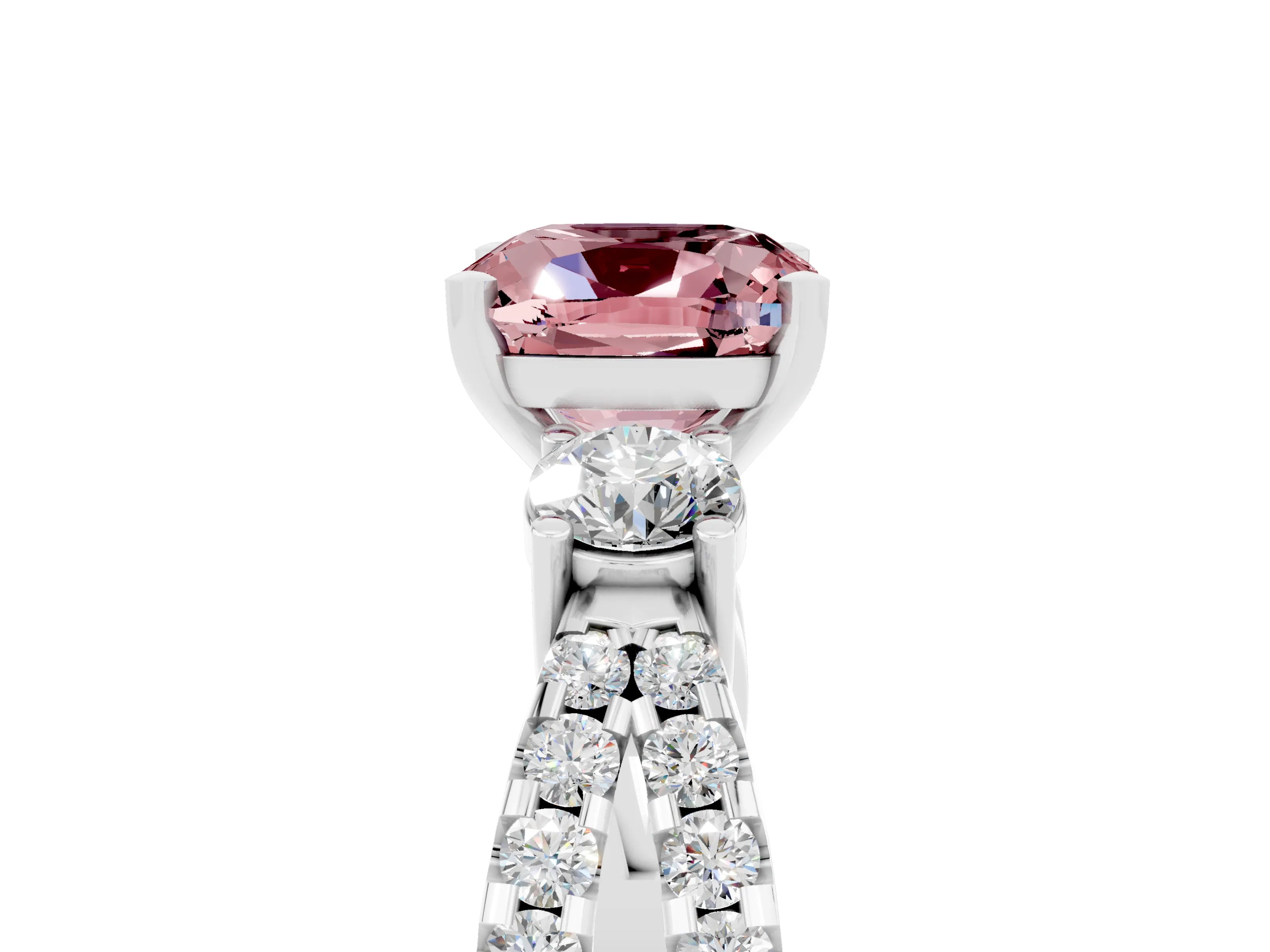 White gold Cushion Cut Morganite Three-Stone Ring with Pavé Split Shank and Four-Prong Setting_17