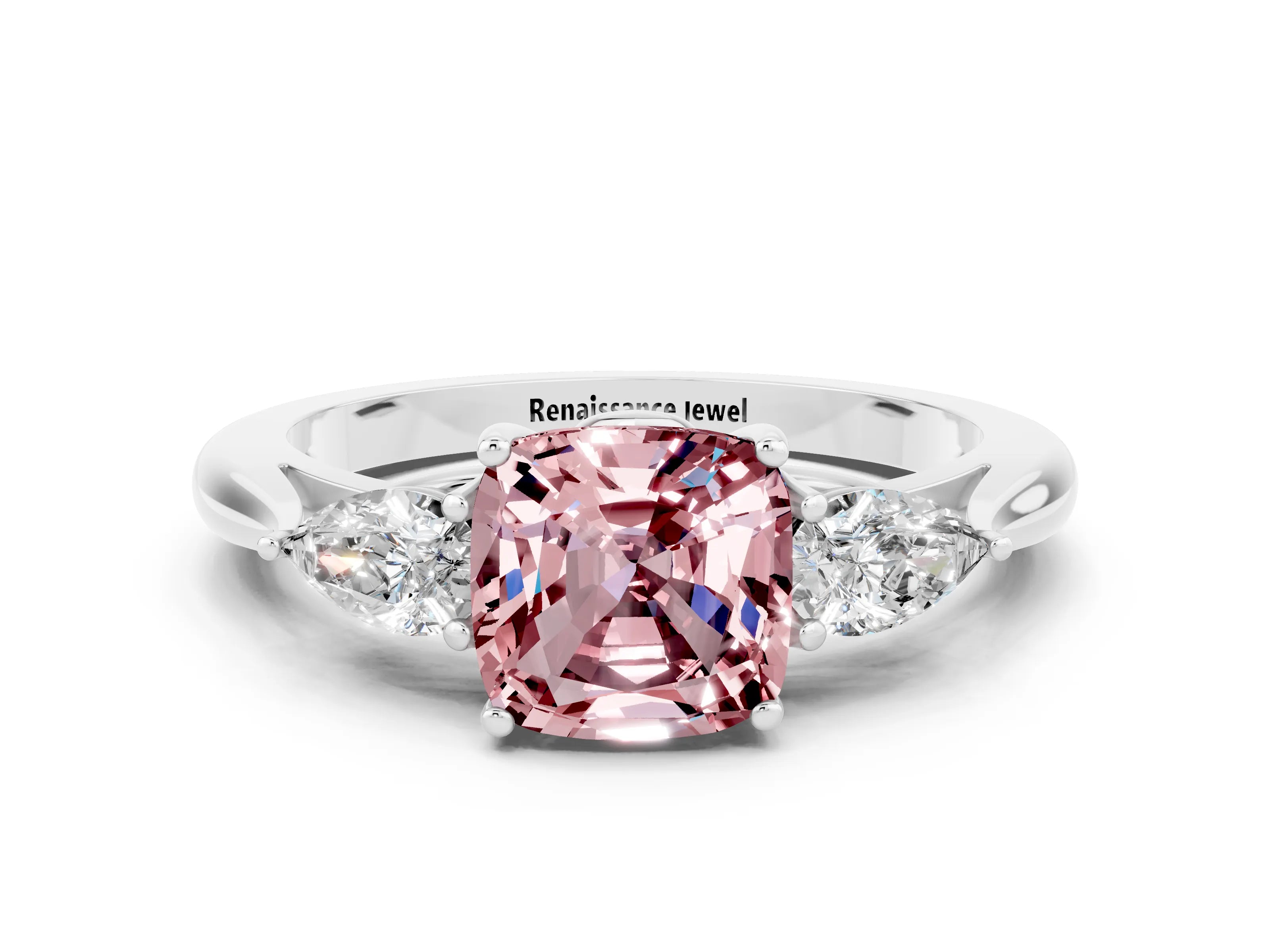 White gold Cushion Cut Morganite Three-Stone Ring with Pear Side Stones and Four-Prong Setting_12