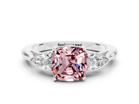 White gold Cushion Cut Morganite Three-Stone Ring with Pear Side Stones and Four-Prong Setting_12