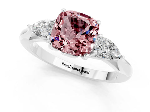 White gold Cushion Cut Morganite Three-Stone Ring with Pear Side Stones and Four-Prong Setting_13