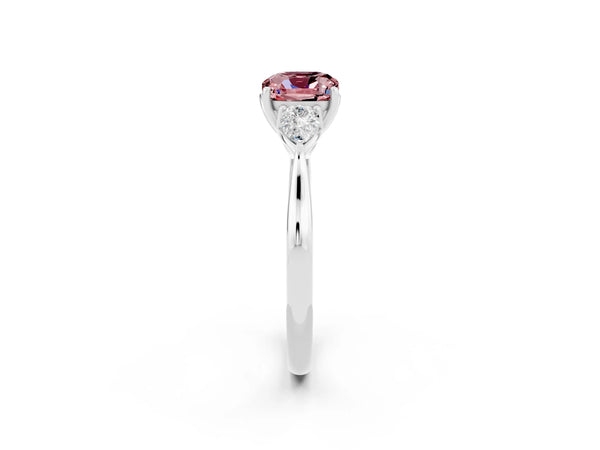 Platinum Cushion Cut Morganite Three-Stone Ring with Pear  Side Stones and Prong Setting