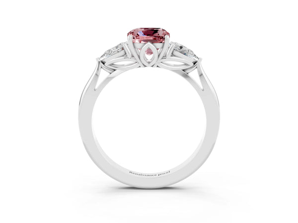 White gold Cushion Cut Morganite Three-Stone Ring with Pear  Side Stones and Prong Setting