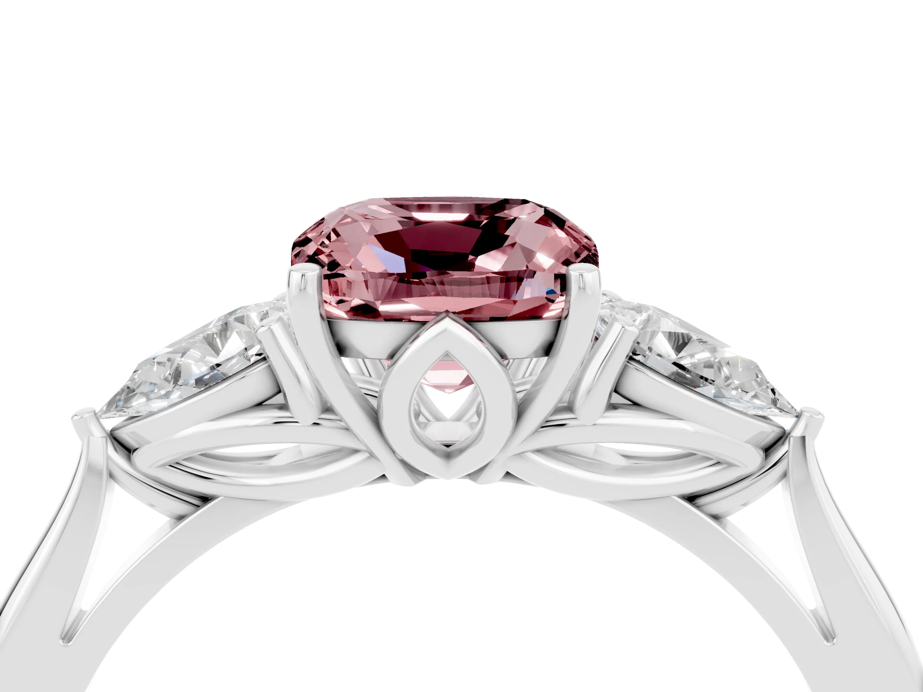 White gold Cushion Cut Morganite Three-Stone Ring with Pear Side Stones and Four-Prong Setting_16