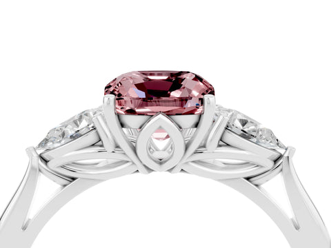 White gold Cushion Cut Morganite Three-Stone Ring with Pear Side Stones and Four-Prong Setting_16