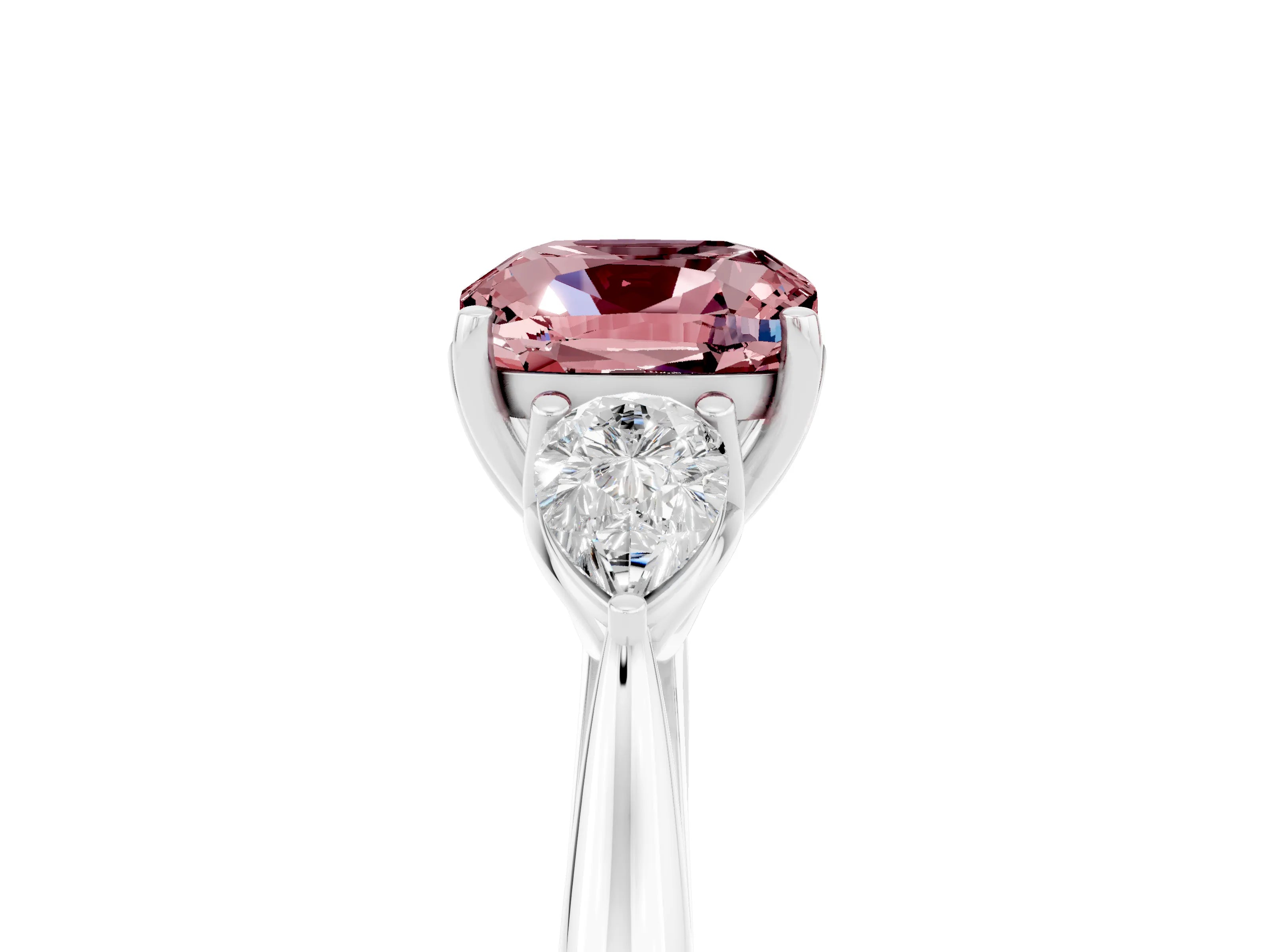 White gold Cushion Cut Morganite Three-Stone Ring with Pear Side Stones and Four-Prong Setting_17